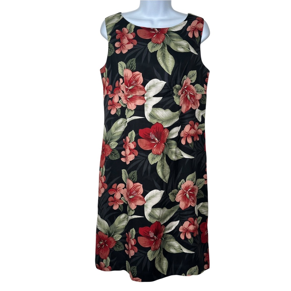 Tommy Bahama Dress 8 Black Silk Tropical Hibiscus Floral Sheath V-Back Hawaiian